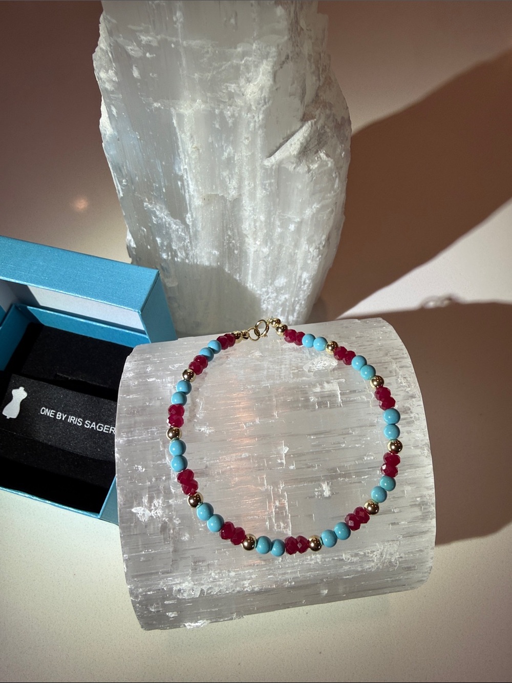 Handcrafted Turquoise & Red Ruby, 14 carat solid yellow gold 7 1/2 inch